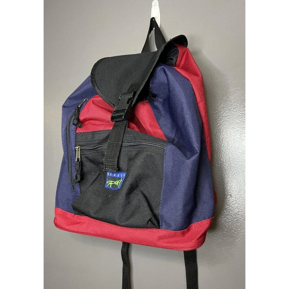 Vintage Access Sport Backpack Red Blue Black Drawstring Classic Daypack 90s Bag